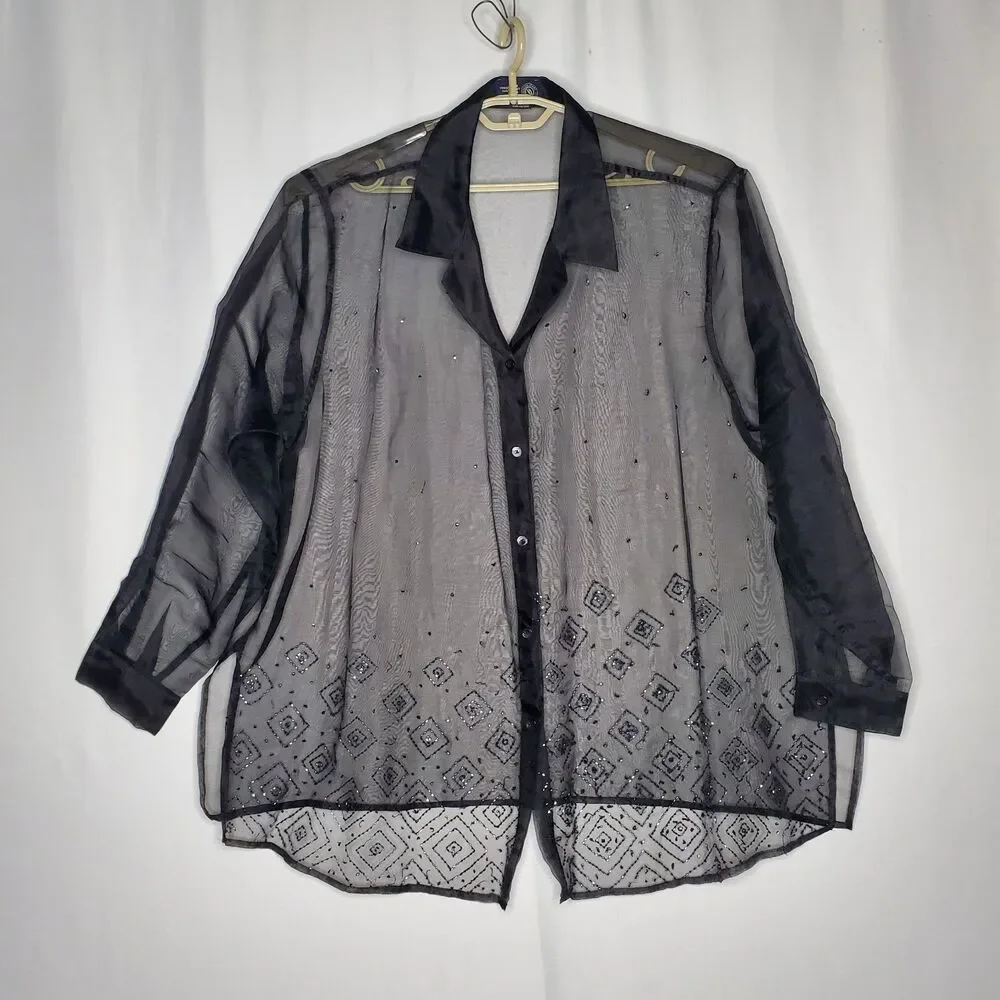 Venezia Sheer Button Collar Shirt Women 22 24 Black Beaded Witchy Whimsigoth